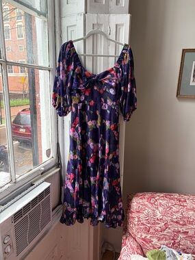 Anthropologie Navy Floral Puff-Sleeve Midi Dress